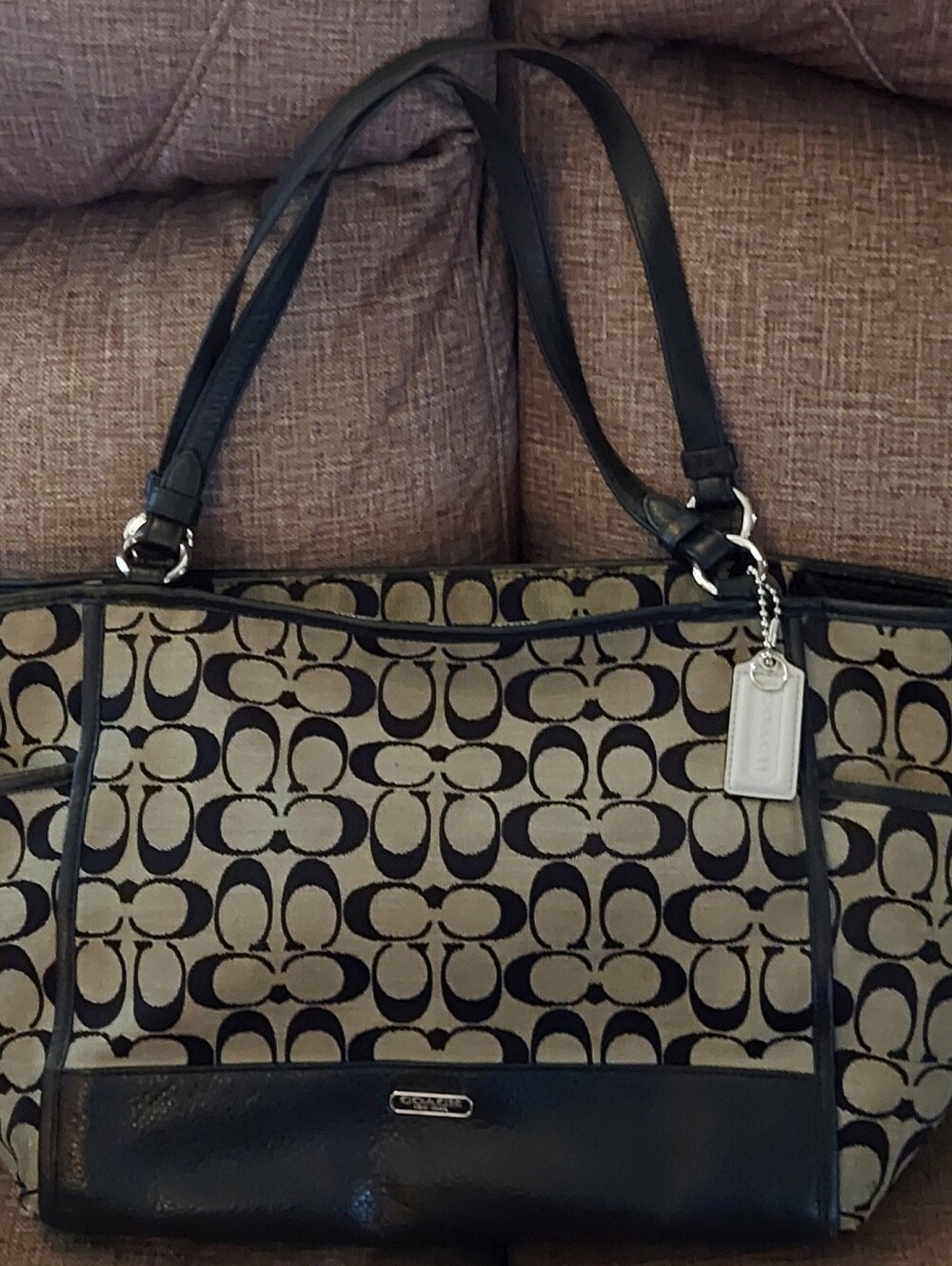 Coach Signature Canvas Tote in Tan and Black F28728